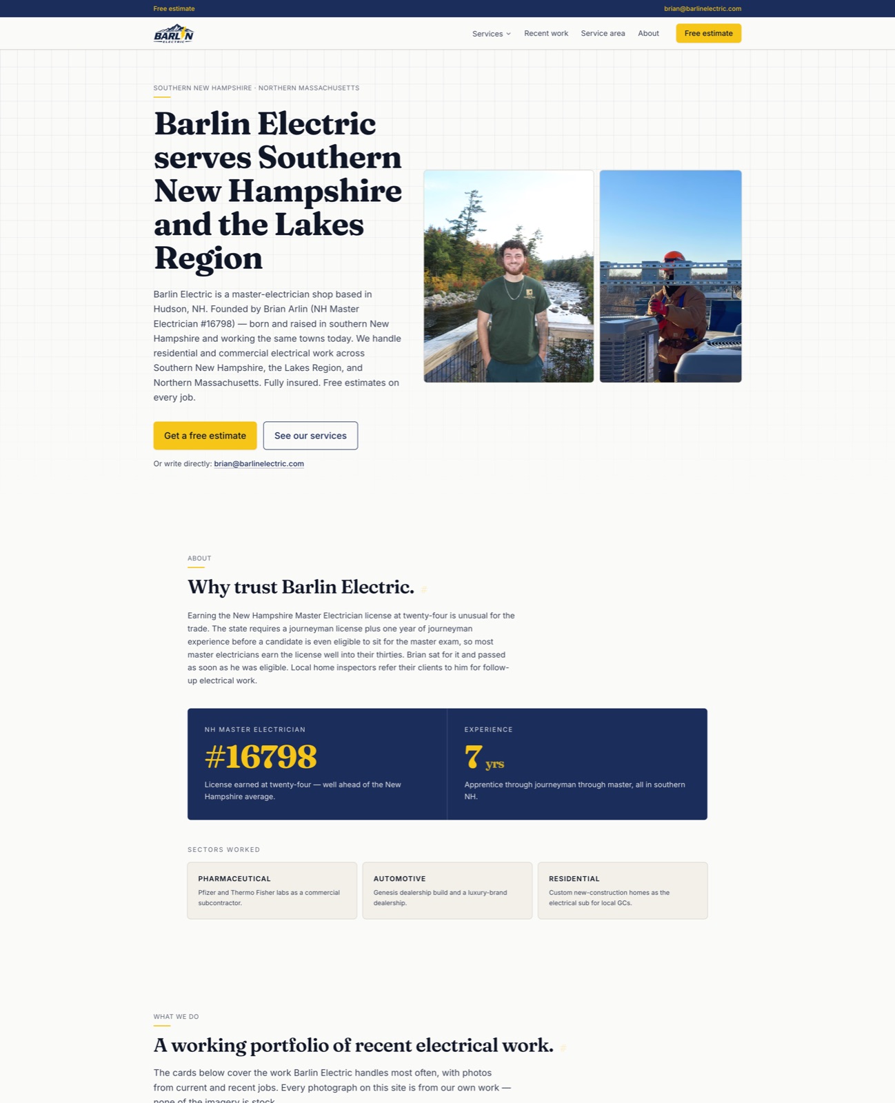 Barlin Electric homepage — small-business website built by Birbol for a master electrician in Southern New Hampshire