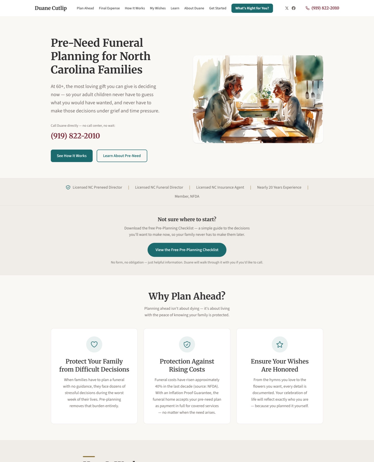 Duane Cutlip homepage — small-business website built by Birbol for a pre-need funeral planner in North Carolina
