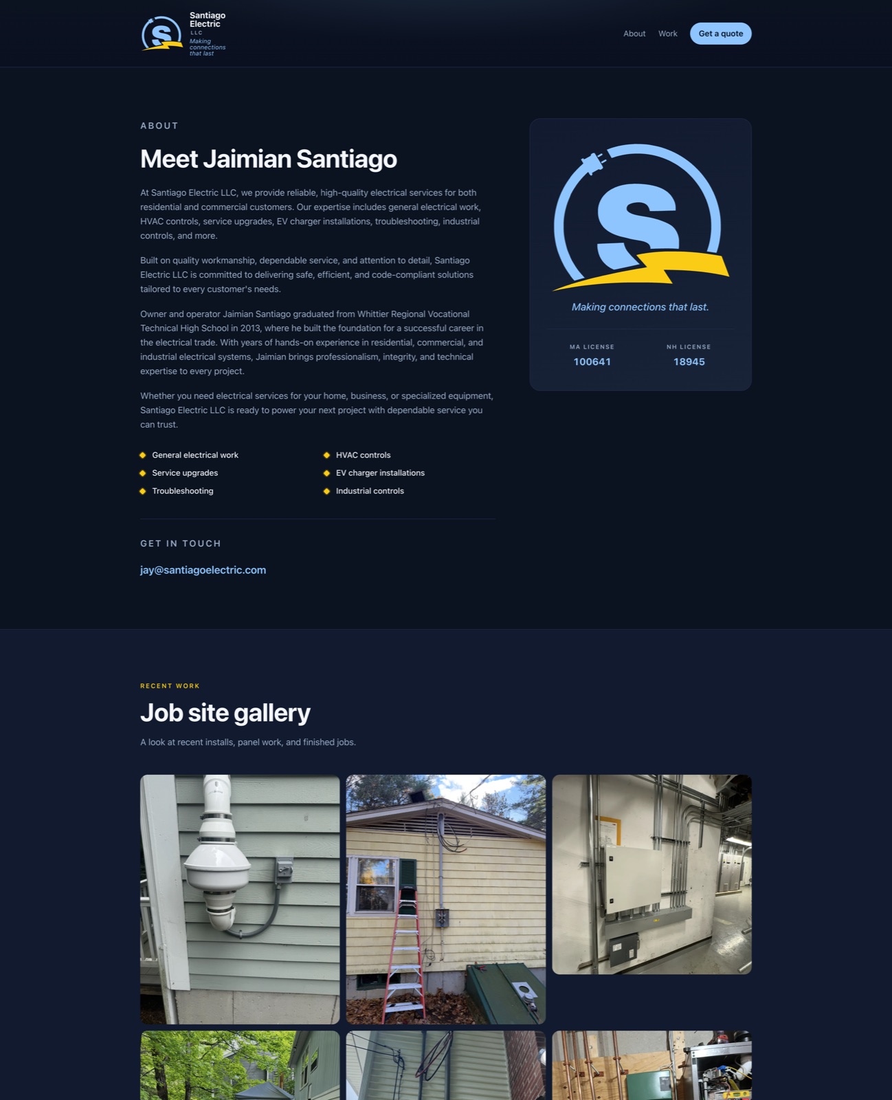 Santiago Electric homepage — small-business website built by Birbol for a residential and commercial electrician